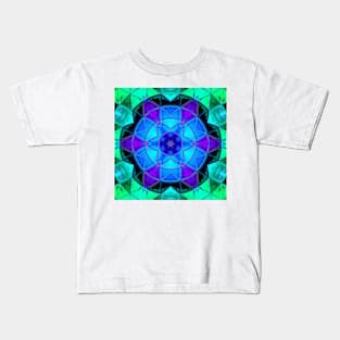 Mosaic Kaleidoscope Flower Teal Blue and Purple Kids T-Shirt